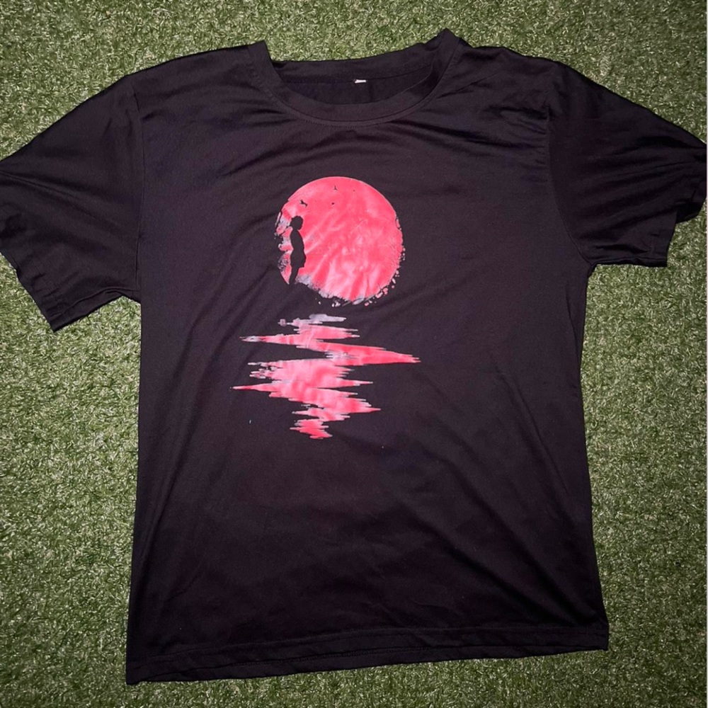 Black T-Shirt with Red Moon Graphic